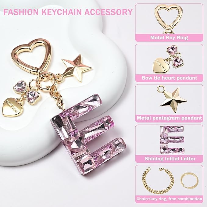 El Regalo Personalized Glitter Initial Letter Keychain for Girls & Women - Cute Pink Resin Alphabet Keyring with Heart & Star Charms - Fancy Luxury Bag Accessory & Birthday Gift (Letter E)