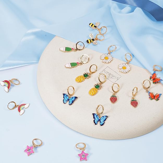 El Regalo 6 Pairs Cute Preppy Small Huggie Hoop Fun Charms Dangle Drop Earrings Combo for Girls- Flowers, Strawberry, Bee, Butterfly & Rainbow- Gift for Girls