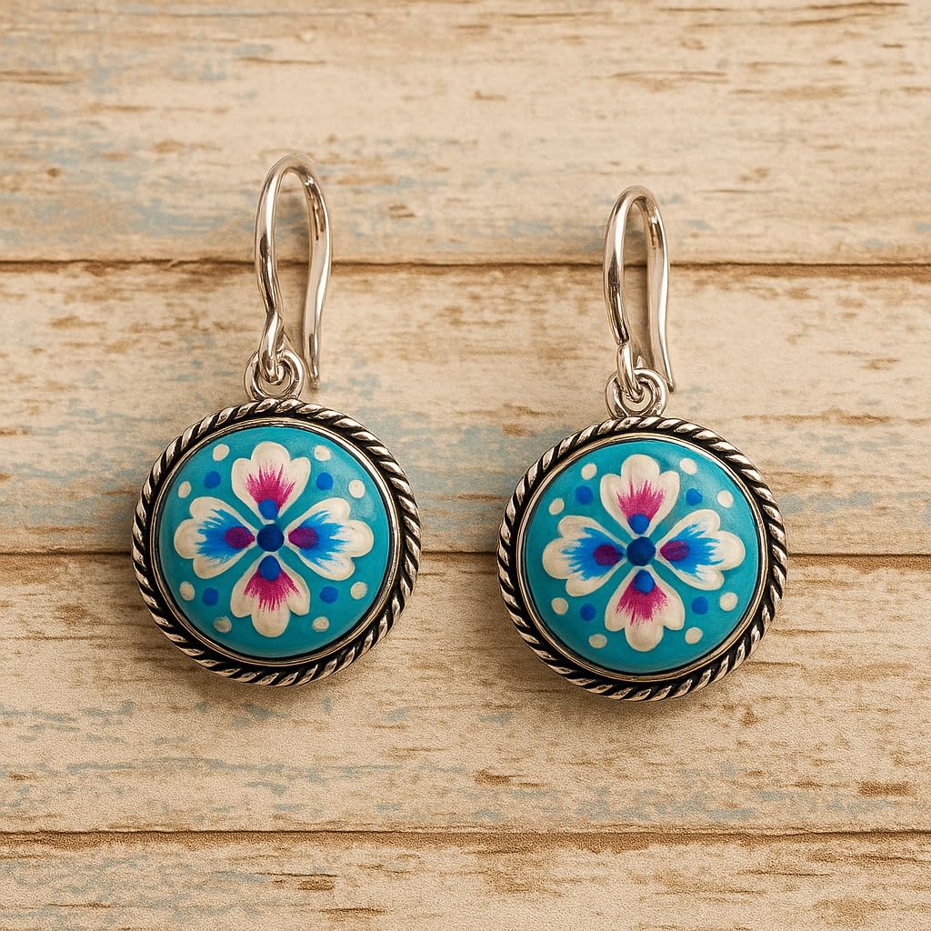 El Regalo Hand-Painted Silver Lookalike Brass Earrings for Women & Girls | Ethnic Floral Round Dangle Earrings | Boho Festival Jewelry (Green)