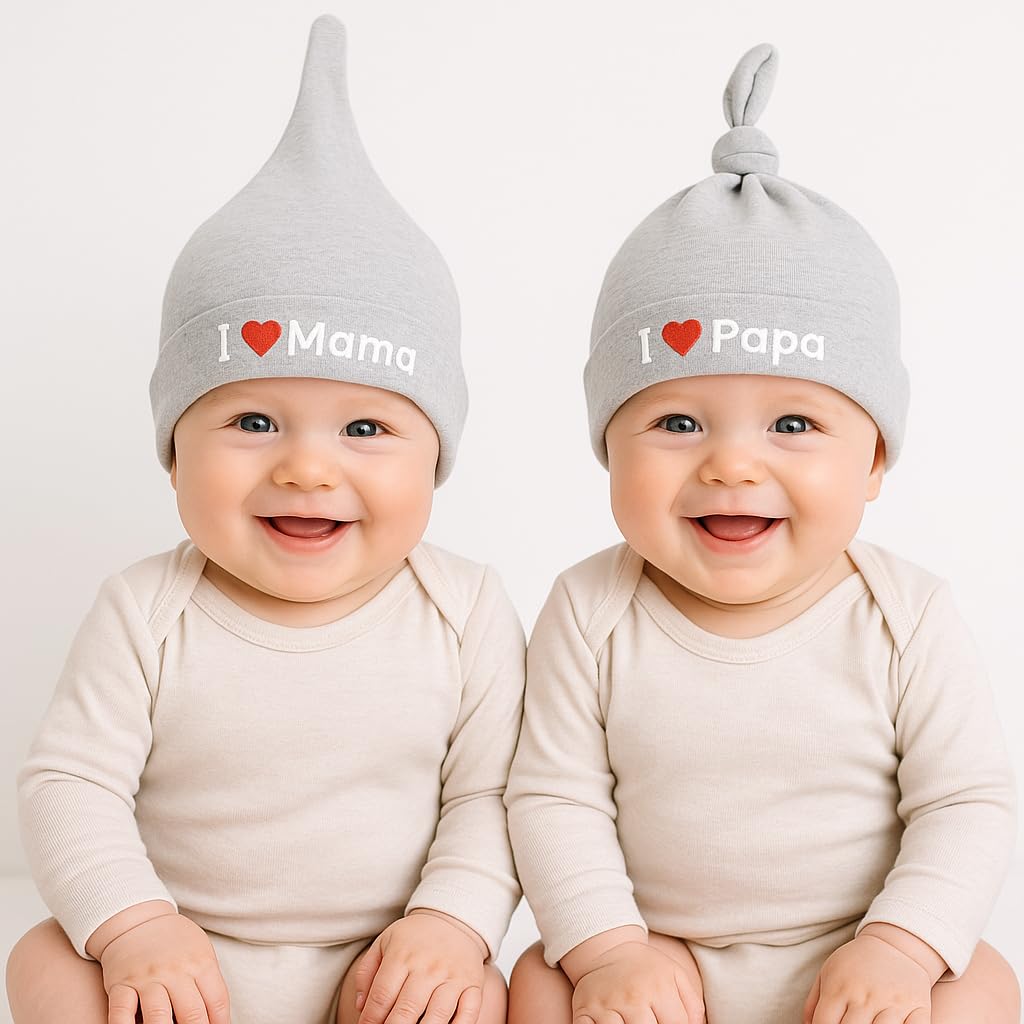 El Regalo 2 PCs I Love Papa/I Love Mama Soft Beanie Knot Unisex Caps for Babies Girls/Boys - Autumn- Spring Newborn Cozy Hat Knot Infant Hat (Grey Mama-Papa)
