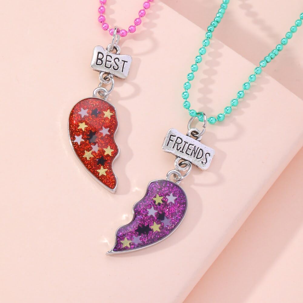 El Regalo Unisex 2 Pcs BFF Best Friend Split Matching Heart Pendant Necklaces Set- Colorful Chain Glitter Stars Heart Pendant Friendship Necklaces Set (Stars Hearts)