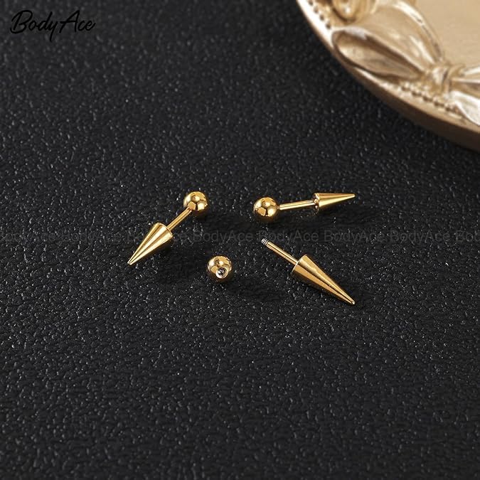 El Regalo 1 Pair Surgical Stainless Steel Spike Unisex Stud Earrings- Septum Lip Rings Cartilage Tragus Helix Piercing for Women Men (Gold)