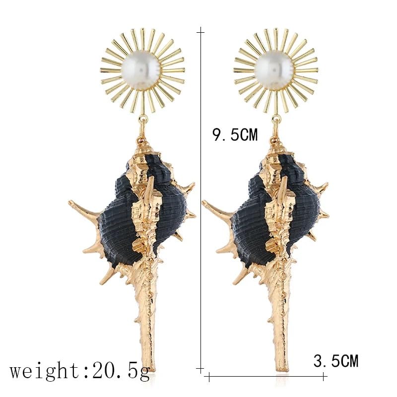 El Regalo Big & Bold Bohemian Pearl Shell Statement Earrings- Pearl Conch Shaped Beach Earrings, Lightweight & Exquisite (Black)