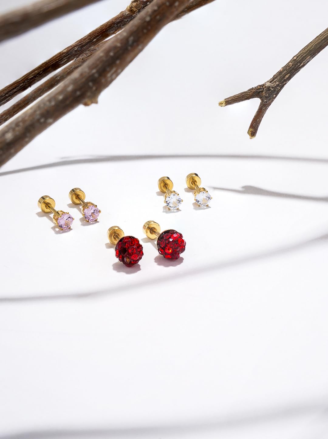 El Regalo 3 Pairs Cute Stainless Steel CZ Stud Earrings Combo for Kids/Girls/Teens/Women - Stars, Heart, Flower, Butterfly, Disco Ball, Stones - Hypoallergenic Flatback Earrings (Style-12)