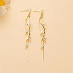 El Regalo Long Copper Zirconia Rhinestone Leaf Drop Dangle Earrings for Women | Korean Style Vine Fringe Earrings | Classy Party, Wedding & Casual Earrings Jewelry (Gold)