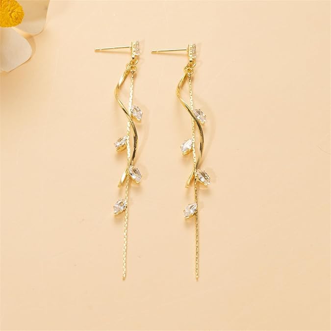 El Regalo Long Copper Zirconia Rhinestone Leaf Drop Dangle Earrings for Women | Korean Style Vine Fringe Earrings | Classy Party, Wedding & Casual Earrings Jewelry (Gold)