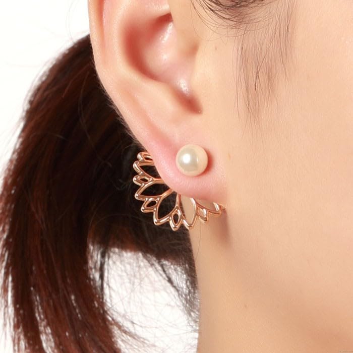El Regalo Lotus Flower Pearl Ear Jacket Earrings for Women & Girls - Front Back Double-Sided Hollow Lotus Flower Stud Earrings - Elegant Ear Cuffs with Pearl Design - 2 Wearing Styles (Gold)