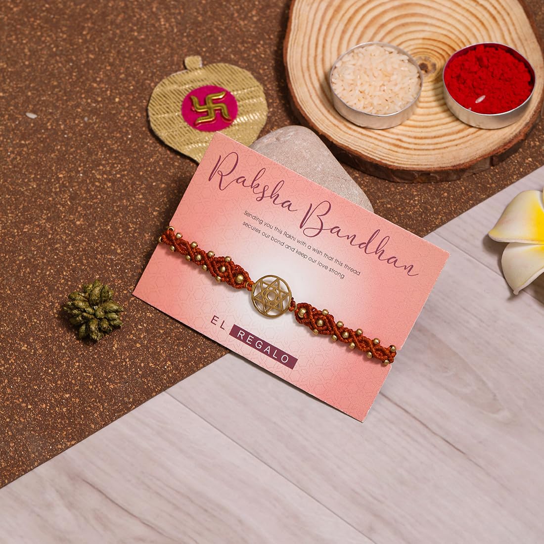 El Regalo 1PC Chakra Rakhi for Brother- Designer Chakra Reiki Healing Symbols Hand Braided Rakhi with shagun, Rakhi Card in Gift Box for Bhaiya/Bhabhi/Niece/Nephew (Sacral Chakra)