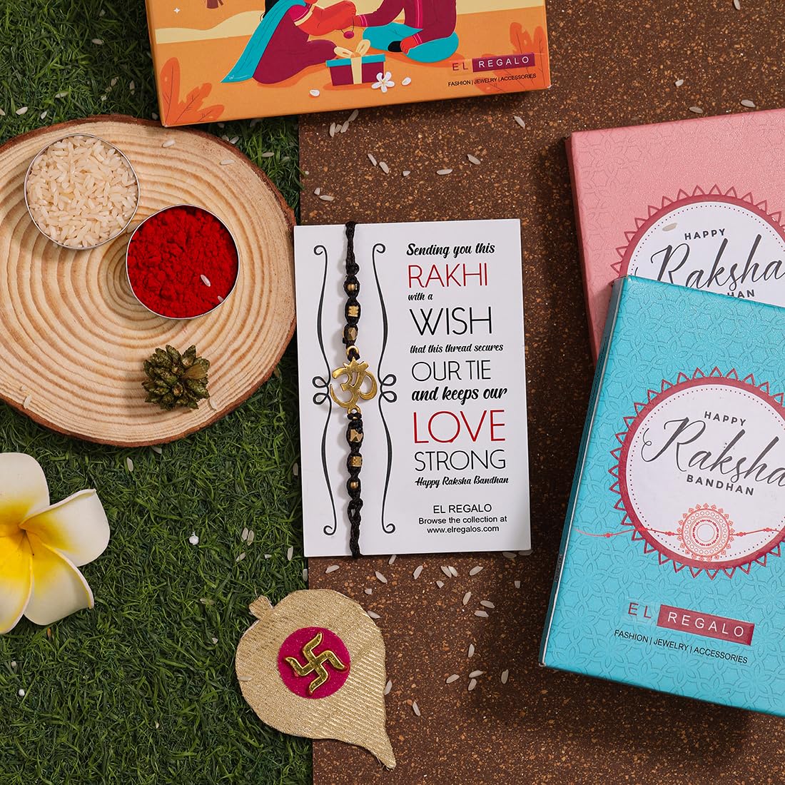 El Regalo Auspicious OM Rakhi Brother- Designer Hand Braided OM Bracelet Rakhi with Roli Chawal Shagun, Message Card in Rakhi Gift Box (Coffee Brown)