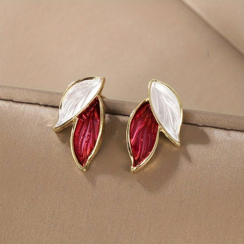 El Regalo Fashion Leaves Stud Earrings For Girls & Women- Minimalist Enamel Leaf Earrings (Red)