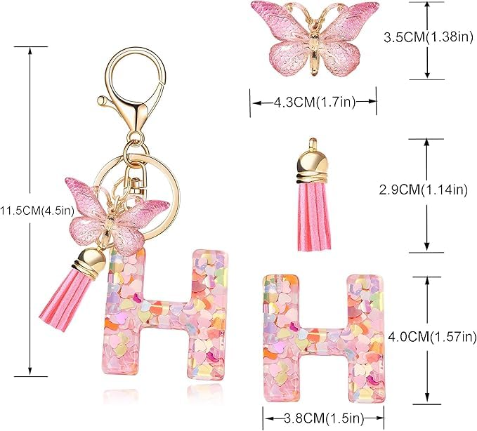 El Regalo Personalized Name Initials Butterfly Charm Keychain - Custom Letter Keyring with Pink Tassel & Butterfly Pendant, Purse, Bag, Backpack Accessory (H Letter)