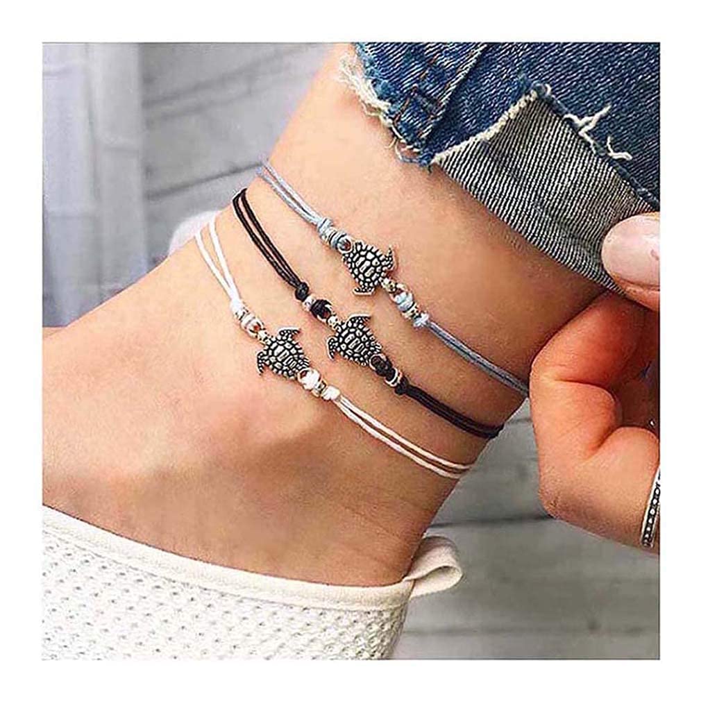 El Regalo 3 PCs Bohemian Vintage Wax Rope Turtle Anklet Bracelet Ancient Silver Tricolor Turtle Beach Anklet for Girls- 3Pcs Set Turtles Charm Anklets Bracelets
