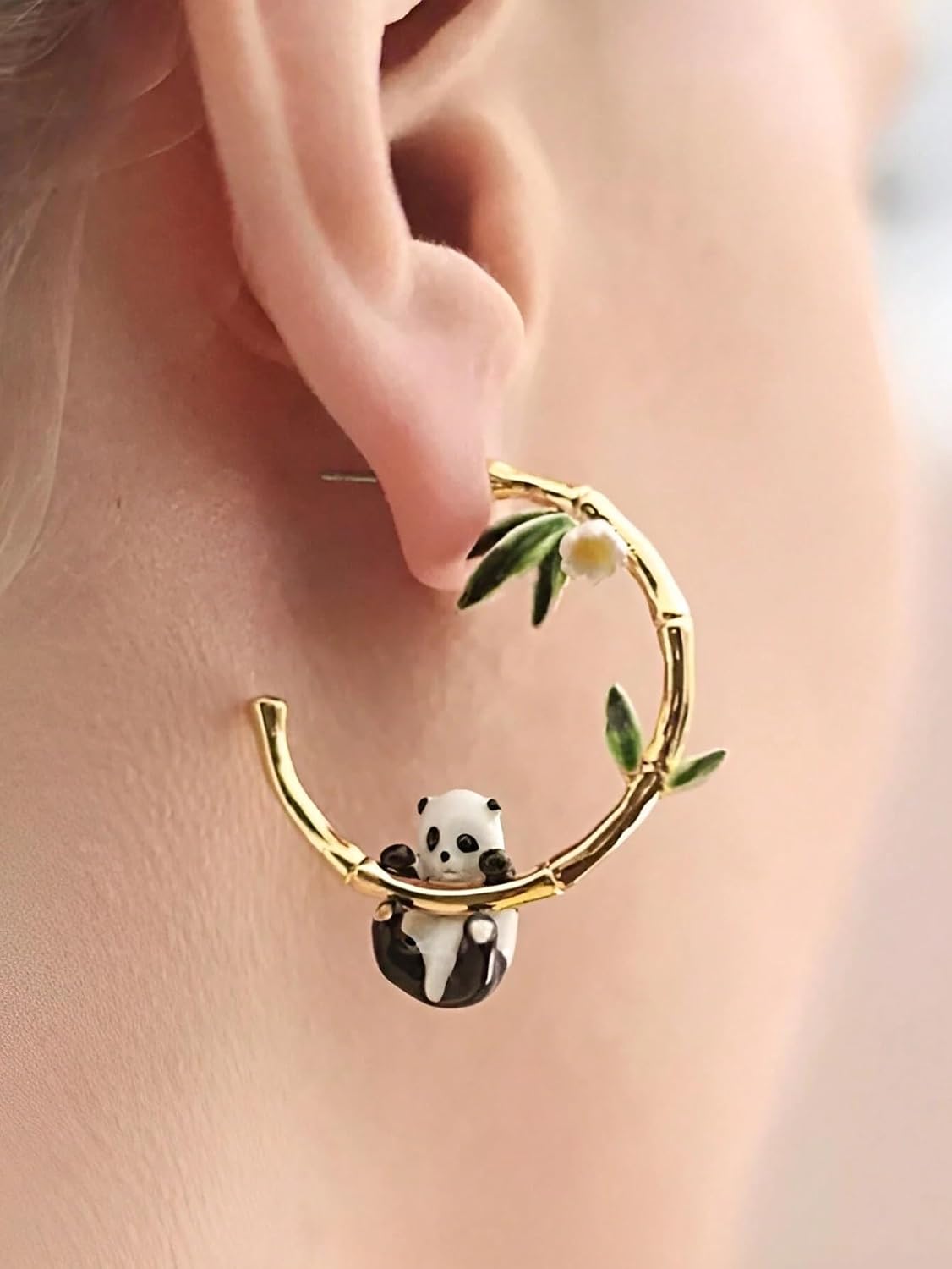 El Regalo Cute Enamelled 3D Panda Bamboo Half Hoop Earrings- Luxury Drip Oil Panda Bamboo Earrings for Women/Girls
