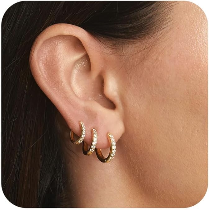 El Regalo 3 Pairs Dainty 14K Gold Plated Huggie Hoop Earrings - Small CZ Hoop Earrings Set (8mm, 10mm, 12mm) for Women & Girls, Cartilage & Tragus Earrings