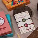El Regalo 2PCs Auspicious OM/Swastik/Floral Hand Painted Bhaiya, Bhabhi Rakhi Set - Designer Rakhi Combo with Roli Chawal Shagun, Message Card in Rakhi Gift Box (Peacock & Flower Rakhi)