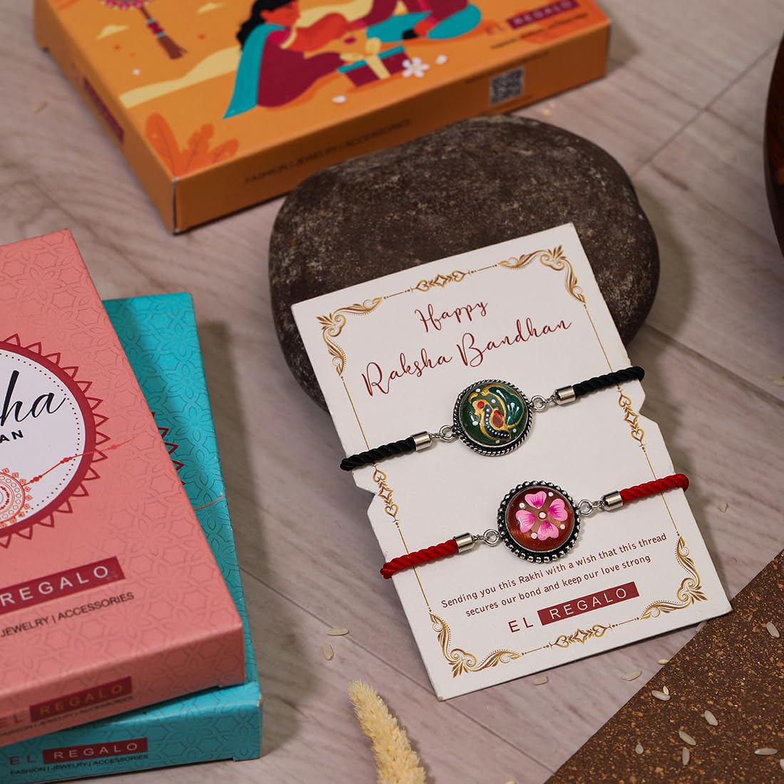 El Regalo 2PCs Auspicious OM/Swastik/Floral Hand Painted Bhaiya, Bhabhi Rakhi Set - Designer Rakhi Combo with Roli Chawal Shagun, Message Card in Rakhi Gift Box (Peacock & Flower Rakhi)