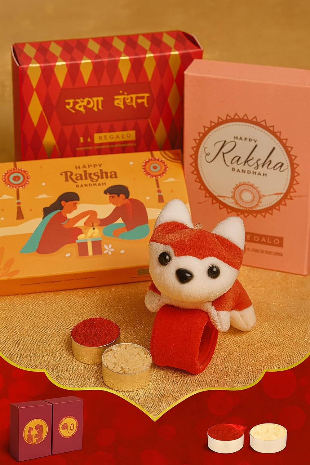 El Regalo Kids Rakhi - Cute Animal Plush Slap Band Rakhi for Boys & Girls | Panda, Shark, Dinosaur & More with Roli Chawal & Rakshabandhan Card | Fun Cartoon Soft Slap Bands for Children (husky puppy Red)