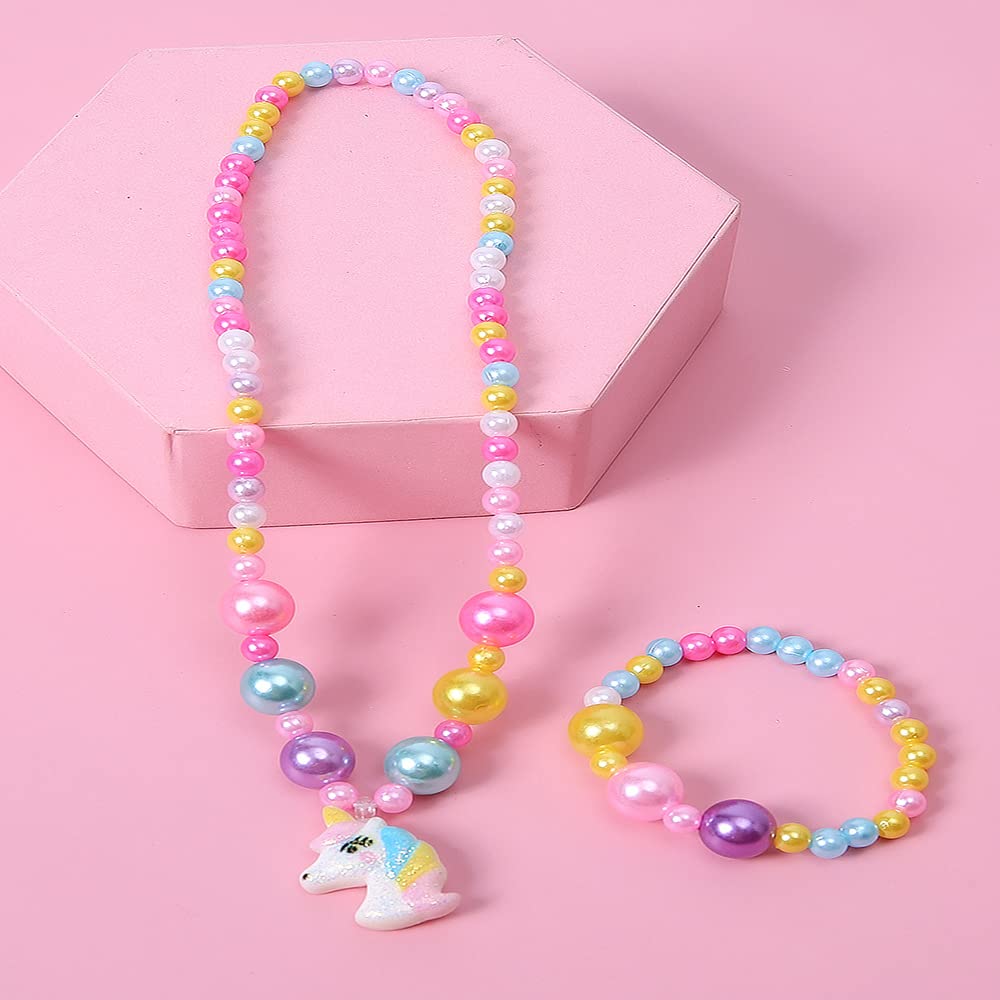 El Regalo 2 PCs Kids Girls Colorful Jewelry Sets - Kids Candy Color Unicorn, Mermaid, Rainbow themes based Necklace & Bracelets Sets for Girls & Toddlers (Colorful Beads Unicorn)