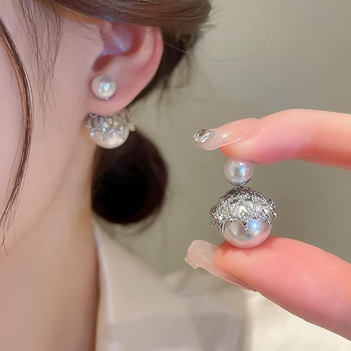 El Regalo Beautiful Double Sided Pearl Earrings for Women - Elegant Crown Rhinestone Front Back Studs | Korean Style Moti Earrings (Silver White)