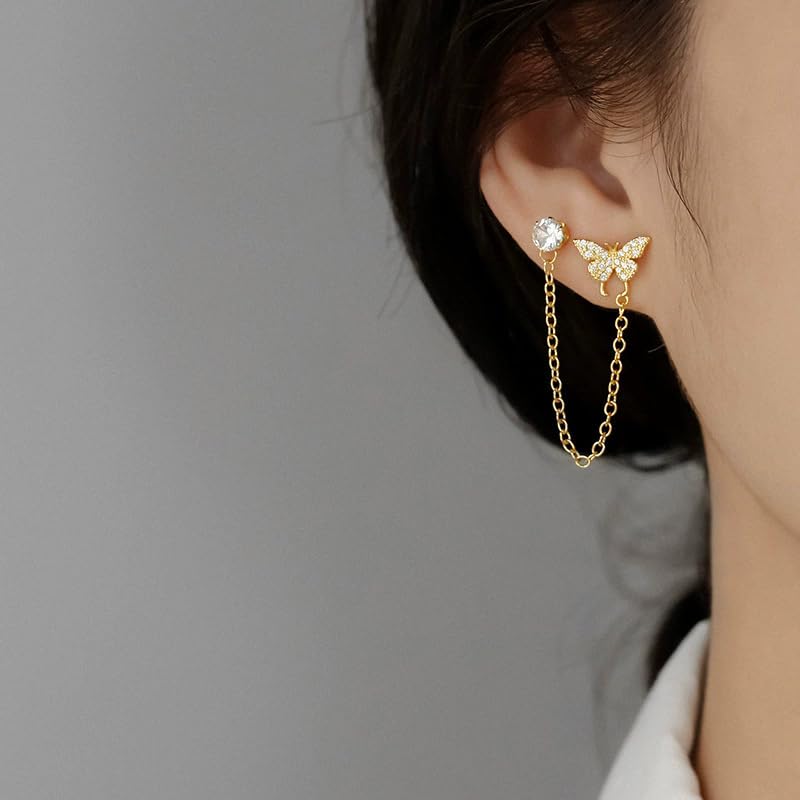 El Regalo Butterfly Chain Cuff Earrings for Women | CZ Diamond Stud & Butterfly Ear Cuff Linked Earrings | Long Chain Cartilege Earrings for Girls | Trendy Party Fashion Jewelry