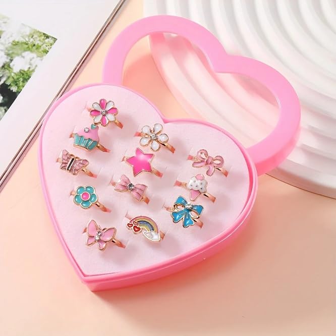El Regalo 12 Pcs Cute Adjustable Rings Set for Kids/Girls/Women - Colorful Cartoon Enamel Finger Rings | Adjustable Cute Jewelry Gift Box - Butterfly, Flower, Bow, Heart, Cherry Designs (Style-2)