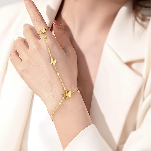 El Regalo 1PC Stainless Steel Non-Tarnish Hand Chain Bracelet with Finger Ring | Elegant & Trendy Adjustable Golden Bracelet for Women & Girls (Butterfly)