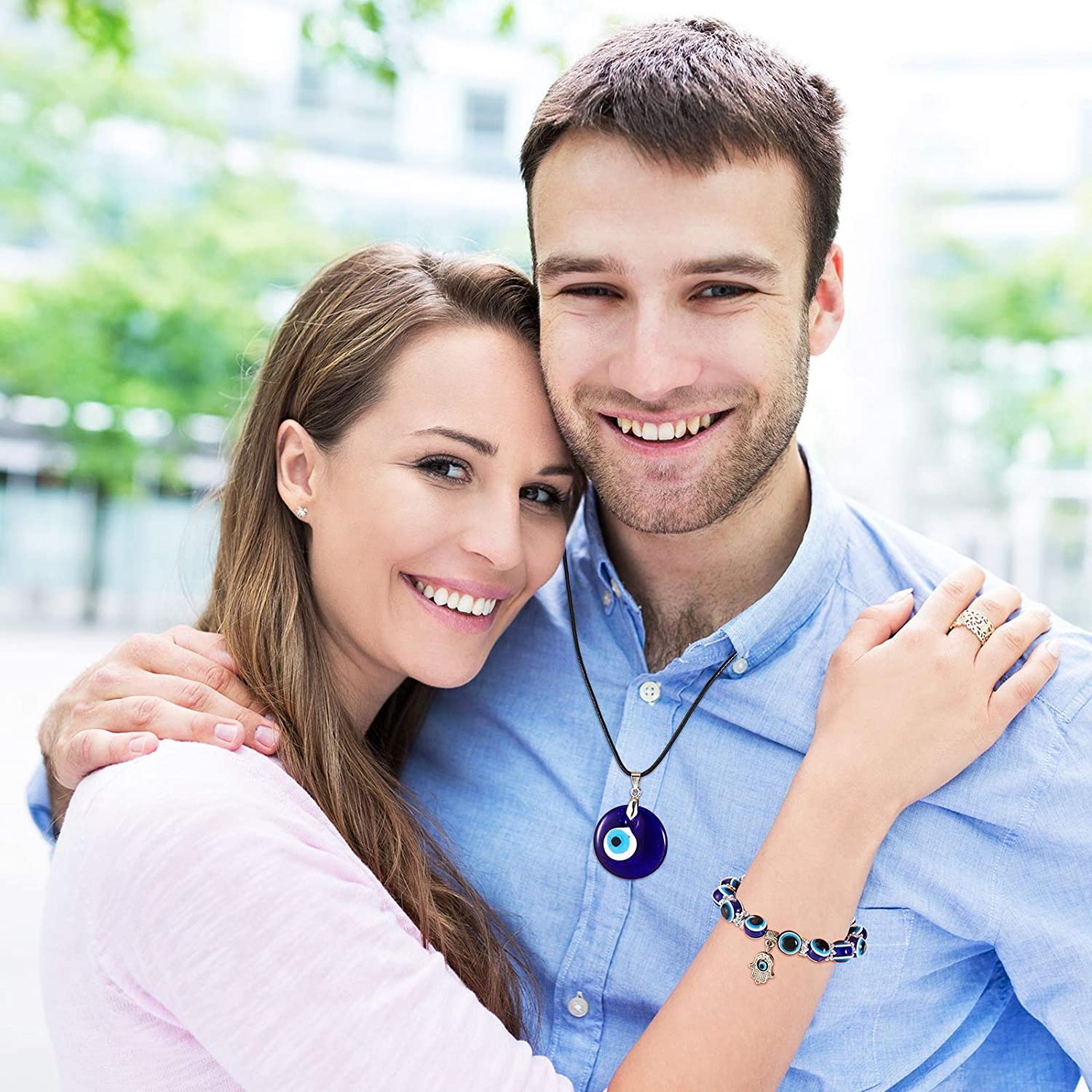 El Regalo 2 PCs Evil Eye Couple Jewelry Set- Evil Eye Big Leather Rope Necklace & Bracelet Set Best Friends/Besties/Couple- Women Men- Valentine's Day Gift (Evil Eye Jewelry Set- 1)