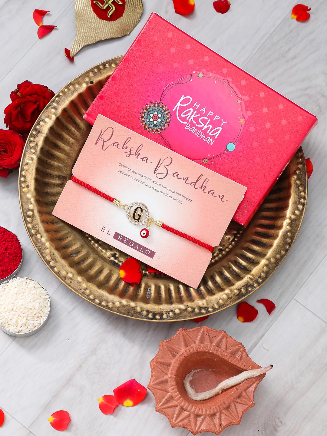 El Regalo Name Initials Evil Eye Bracelet Rakhi for Brother- Name Letter CZ Rakhi with Roli Chawal, Message Card in Rakshabandhan Box for Bhai (Red- G)