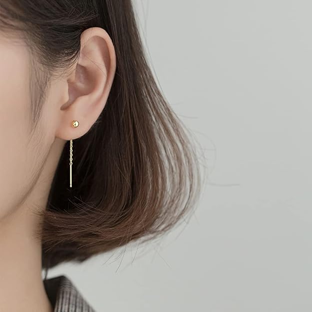 El Regalo Modern Sui Dhaga Threader Earrings for Women - Minimalist Long Pull Through Chain Earrings - Light Dangle Needle Threaders for Multiple Piercings, Sensitive Ears (Green Crystal)