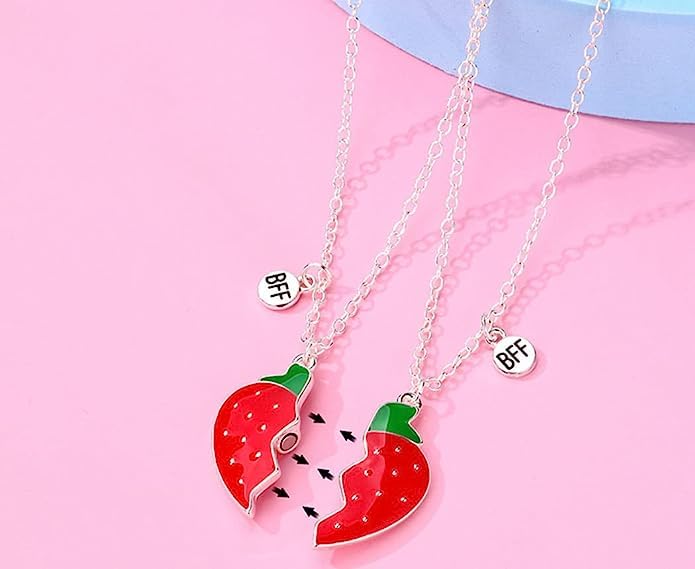 El Regalo Girls 2PCs BFF Best Friend Fruits Pendant Necklaces Set- Cute Strawberry, Pineapple Necklaces Magnetic Pendant BFF Gifts Necklace Best Friends Necklace (Red Strawberry)