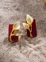 El Regalo Fancy Leaf Raw Stones Stud Brass Contemporary Earrings - Gold Plated Matte Finish Stone Studs for Girls and Women (Red)