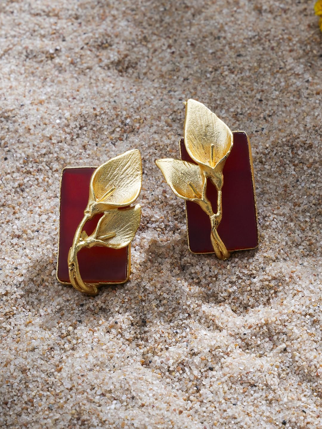 El Regalo Fancy Leaf Raw Stones Stud Brass Contemporary Earrings - Gold Plated Matte Finish Stone Studs for Girls and Women (Red)