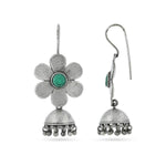 El Regalo Cute Small Traditional Ethnic Bollywood Style Vintage Floral Jhumka Earrings for Women & Girls in Antique Oxidized Silver Finish (Green)