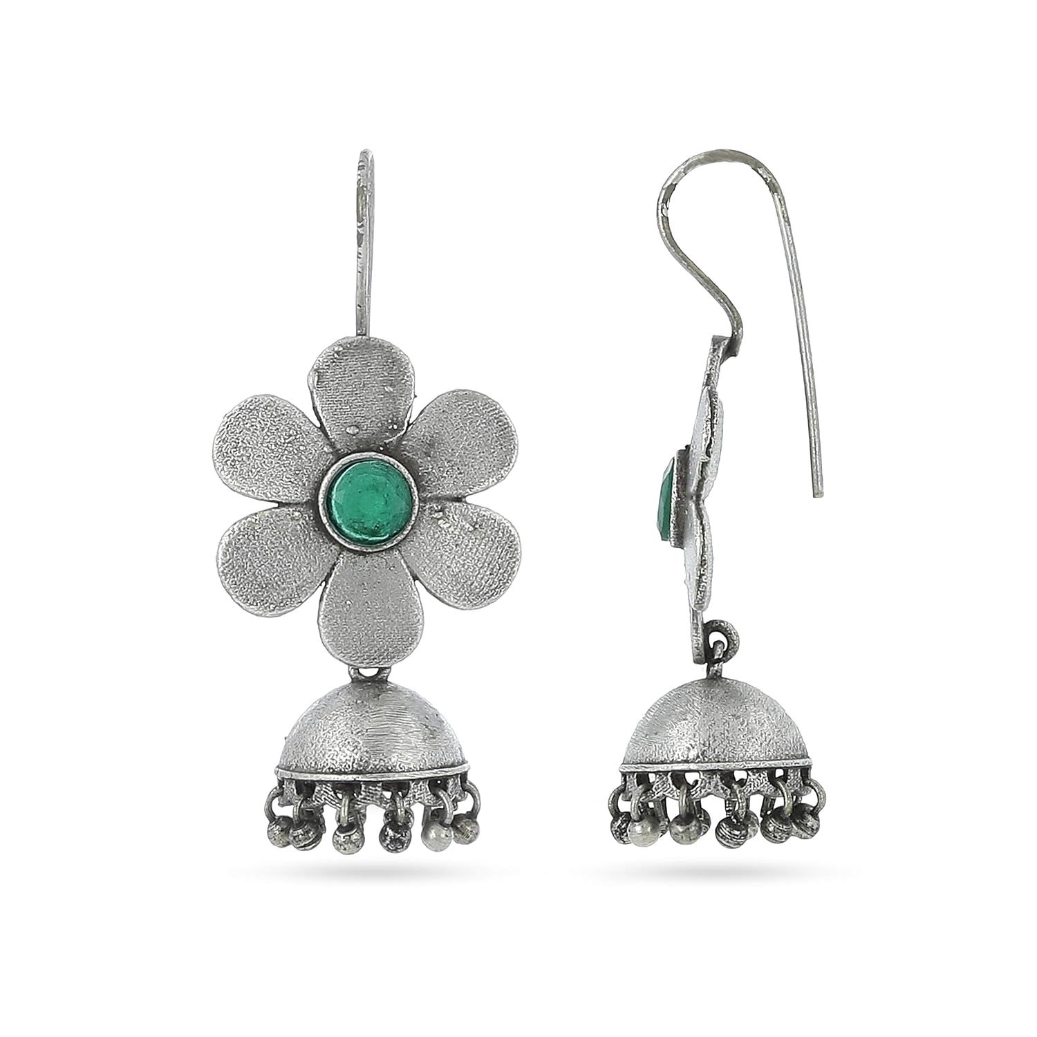 El Regalo Cute Small Traditional Ethnic Bollywood Style Vintage Floral Jhumka Earrings for Women & Girls in Antique Oxidized Silver Finish (Green)