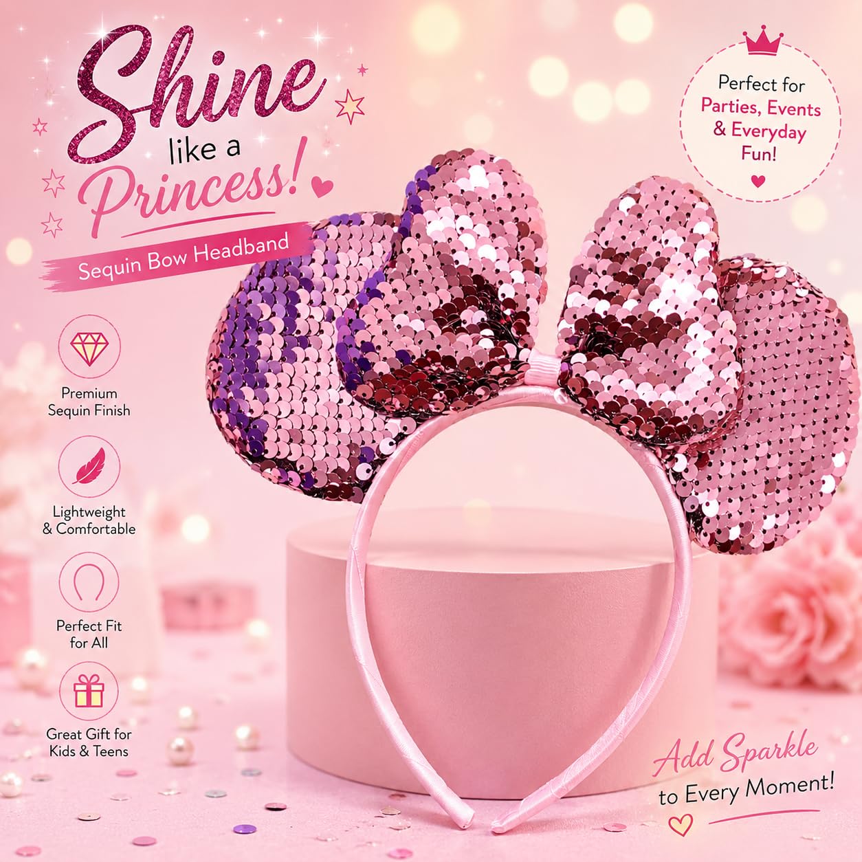 El Regalo Kids Sequin Mouse Ear Hairband with Bow for Girls | Cute Cartoon Mouse Headband | Glitter Party Hair Accessory | Fancy Dress Hair Band for Birthday, Theme Party, Halloween, Christmas & Photoshoot (Pink)