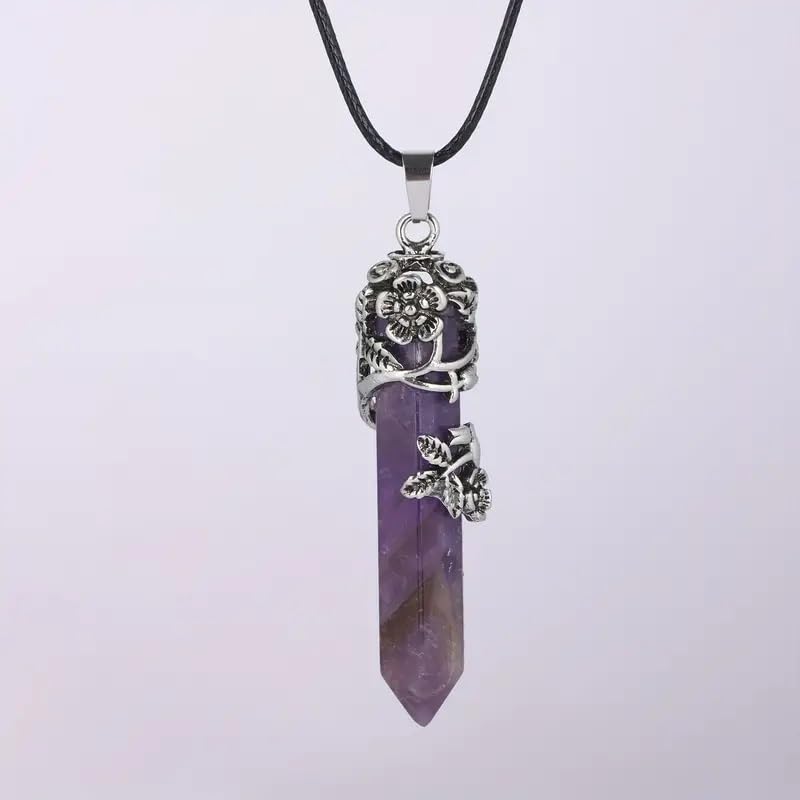 El Regalo 1PC Flower Wrapped Hexagonal Healing Natural Stones Point Pendant Unisex Necklace- Natural Stones Reiki Healing Crystals Necklace in Antique Silver Finish (Purple- Amethyst-Cord)