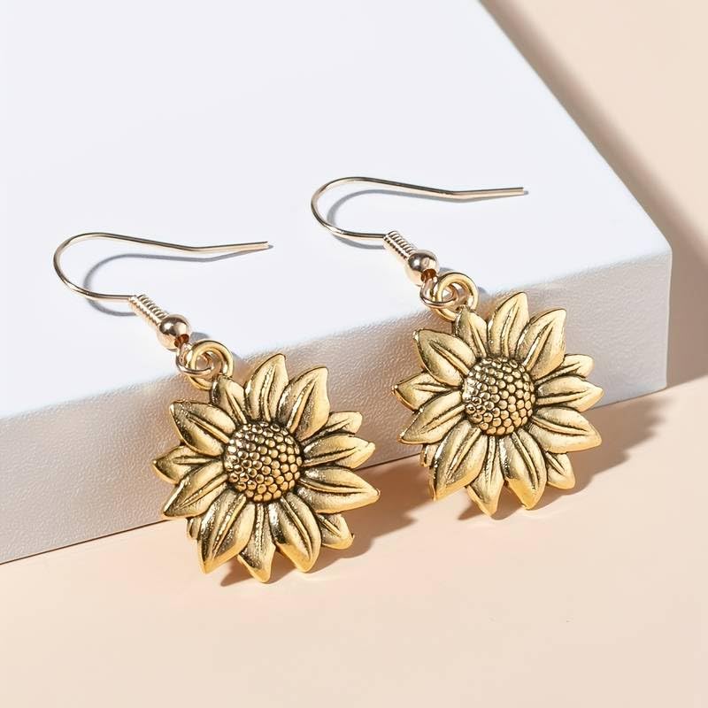 El Regalo Vintage Sunflower Earrings- Bohemian Sunflower Hook Earrings for Girls & Women (Golden)