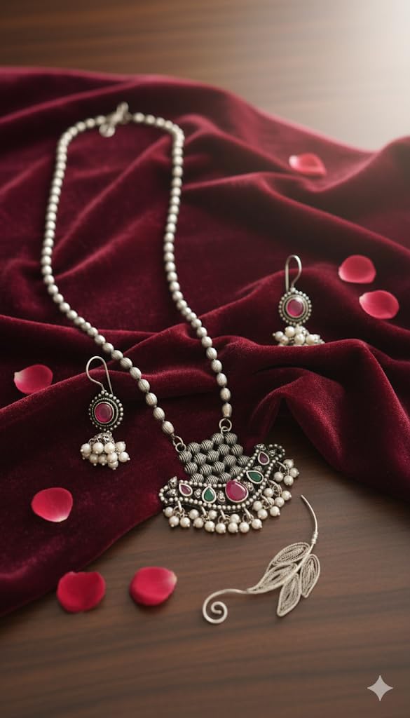 El Regalo Elegant Oxidized Designer Indian Ethnic Stones Necklace & Earrings Jewelry Set in Silver Finish (Ruby Red)