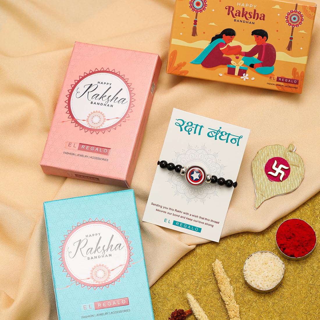 El Regalo 1PC Superhero Kids Marvel Theme Rakhi with Replacement Button for Brother- Kids Unisex Rakhi with Roli Chawal, Rakhi Message Card in Rakhi Gift Box for Little Bro (Avenger Rakhi)