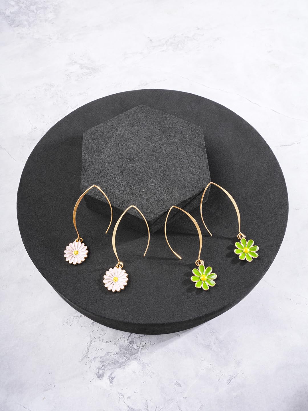 El Regalo 2 Pairs Beautiful Enamel Flowers Long Hook Earrings for Women/Girls - Cute Floral Charms Western Danglers (Pink & Green Flower)