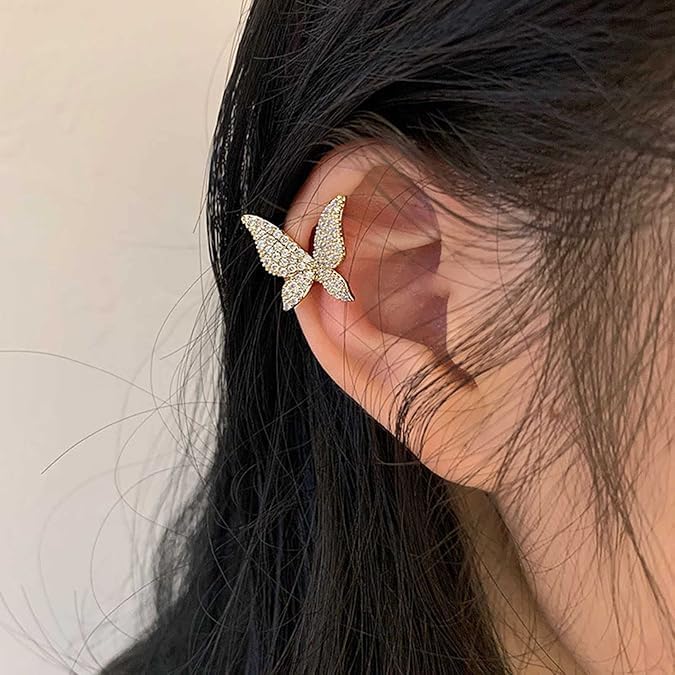 El Regalo 1PC CZ Crystal Butterfly Ear Cuff for Non-Pierced Ears - Gold Butterfly Wing Cartilage Clip-On Earring - Rhinestone Statement Butterfly Cuff Wrap Earrings for Women & Girls