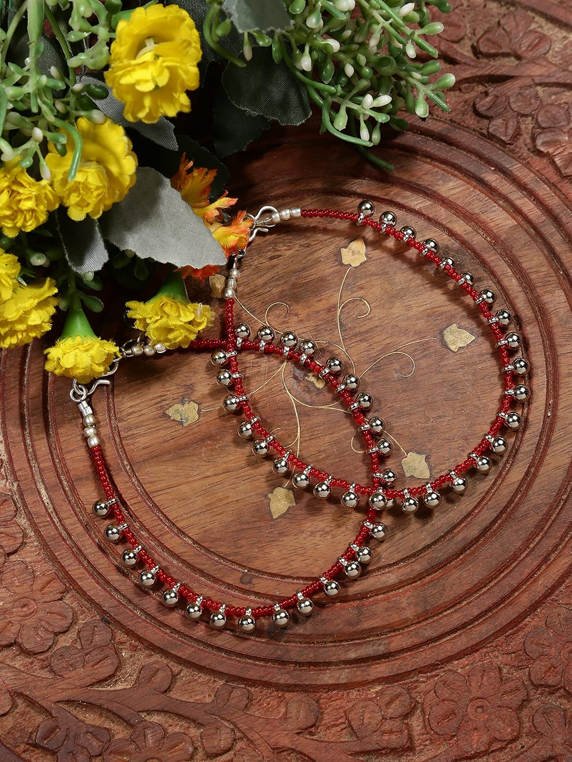 El Regalo 1 Pair German Silver Anklets Set- Evil Eye Red Beads/Ghungroo Anklets Set for Women & Girls (Ghunroo Red Beads Anklet)