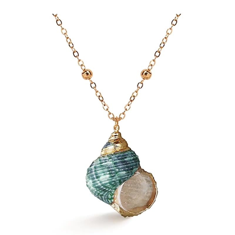 El Regalo Retro Green Cowrie Shell Golden Electroplated Necklace for Girls & Women | Bohemian Style Cowrie Sea Shell Handmade Beach Necklace