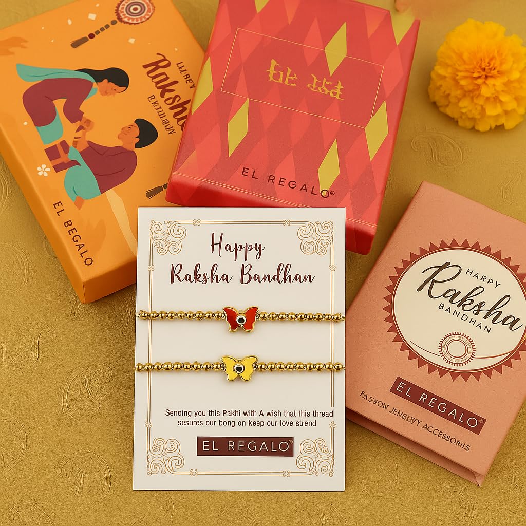 El Regalo 2PCs Evil Eye Rakhi Combo for Brother - Stylish Beaded & Thread Set with Roli Chawal - Raksha Bandhan Pack for Bhaiya, Boys, Girls, Men - Comes on Designer Rakhi Card (Option-4)