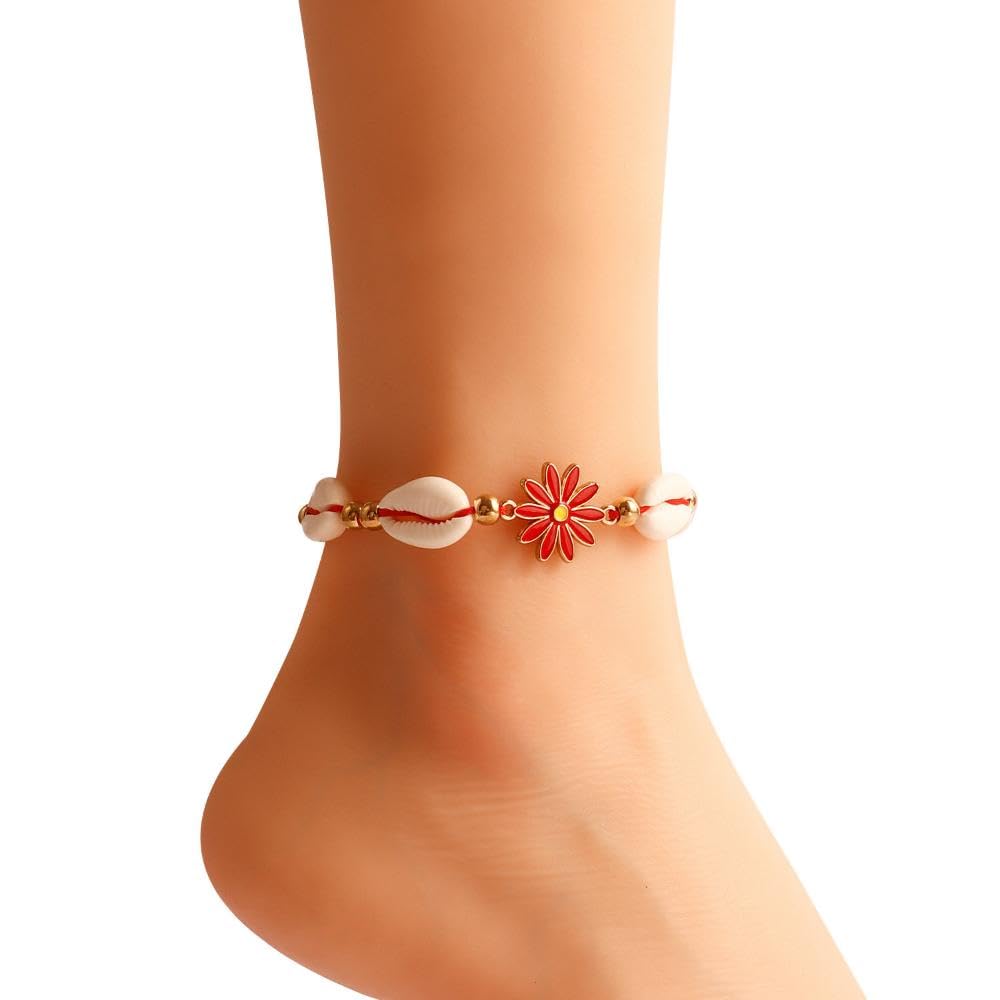 El Regalo Womens 1PC Bohemian Sunflower Cawrie Shell Anklet- Trendy 1 Leg Thread Adjustable Anklet with Pretty Flower Charms (Red)