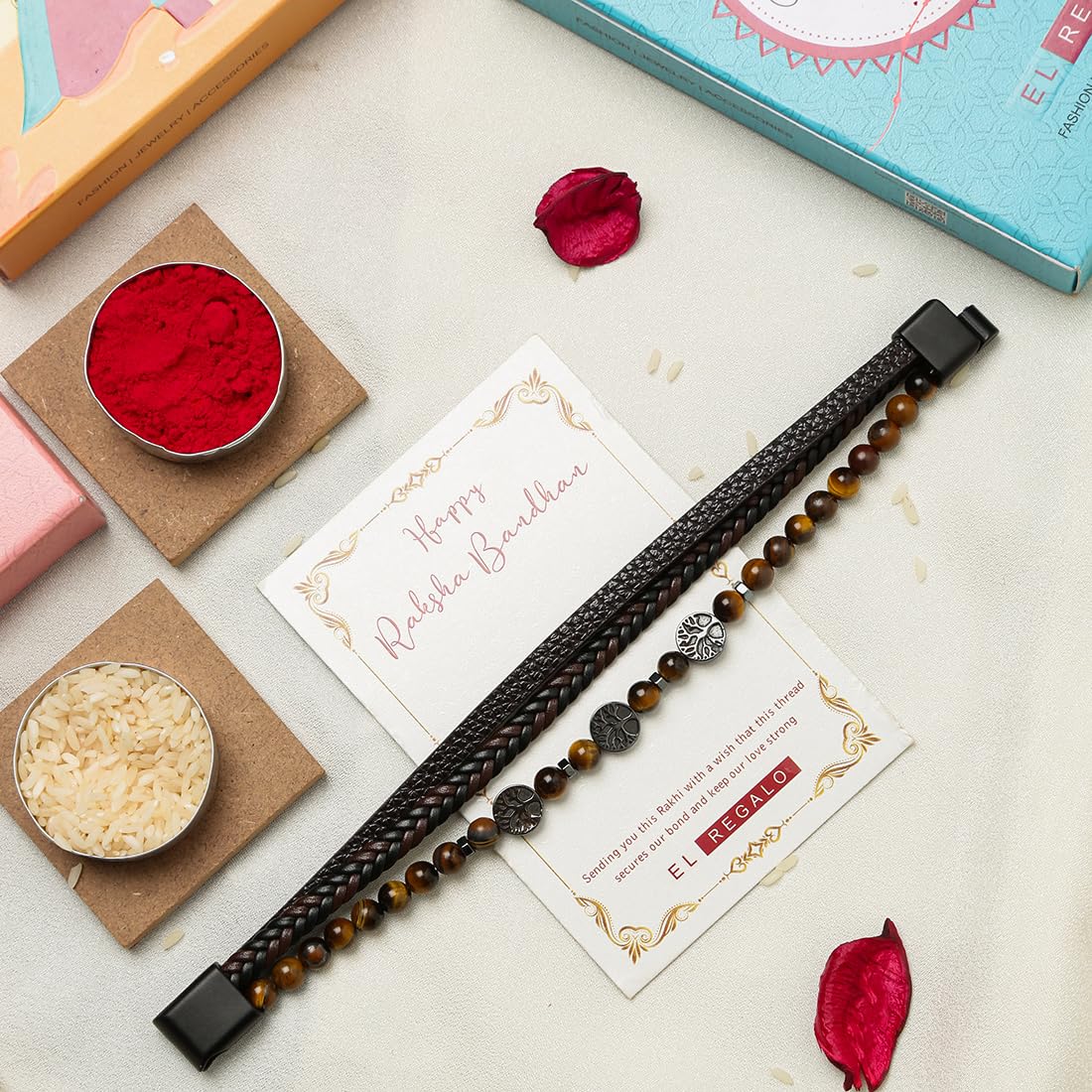 El Regalo 1 PC Designer Tiger Eye Stones with Antique Tree of Life Charms Bracelet Rakhi for Brother/Bhai- Rakhi with Roli-Chawal Shagun, Message Card in Rakhi Gift Box