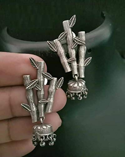 El Regalo & Unique Vintage Style Jhumka Earrings in Oxidized Silver Finish with Classy Bamboo Studs- Oxidized Silver Jhumkas