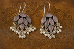 El Regalo 925 Silver Plated Stones Studded Cluster Pearls Dangle Hook Oxidized Earrings - Handcrafted Elegant Jewelry for Women (Lavender Pink)