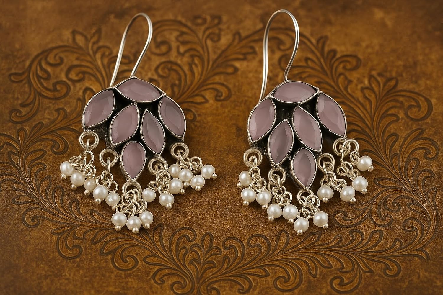 El Regalo 925 Silver Plated Stones Studded Cluster Pearls Dangle Hook Oxidized Earrings - Handcrafted Elegant Jewelry for Women (Lavender Pink)