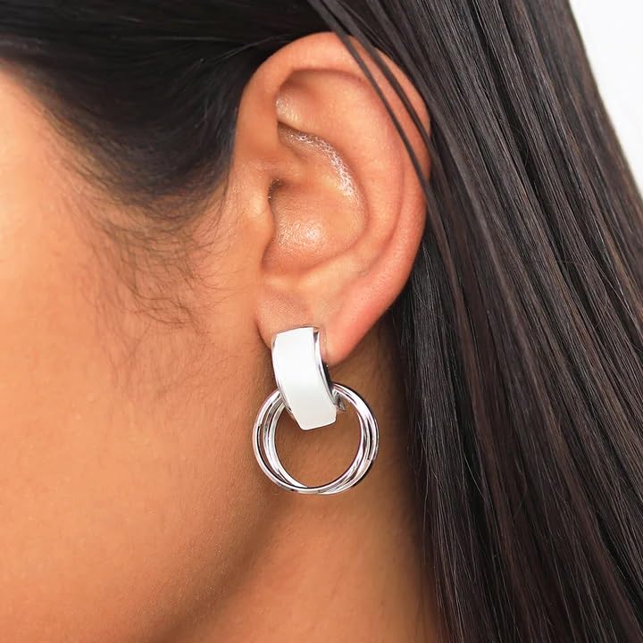 El Regalo Contemporary White Drop Hoop Stud Earrings- Modern Geometrical Fashio Earrings for Girls & Women (Silver)